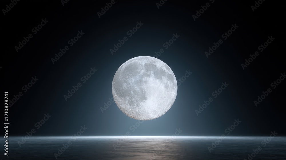 Fototapeta premium Majestic Full Moon Over Serene Ocean at Night with Soft Lighting