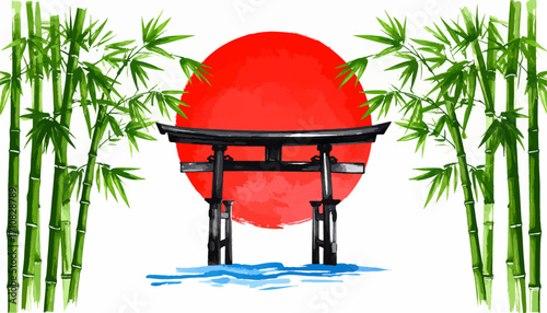 Bamboo Torii Gate with Red Rising Sun. Serene Japanese Torii Gate and Bamboo. Torii Gate at Sunset with Bamboo Forest. Red Sun and Torii Gate with Bamboo Art. Traditional Japanese Gate with Bamboo.