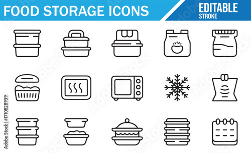 Modern vector pack of food containers, cooking bowls, pantry storage, and preservation line icons