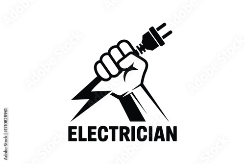 Fist holding electric plug and lightning bolt with electrician text
