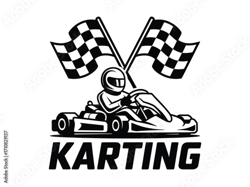Go kart racer with checkered flags and karting text