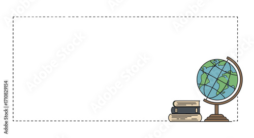 Globe and stacked books in minimalist style on white background  