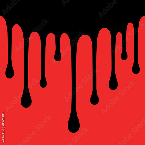Minimal black and red abstract illustration featuring dripping ink. A vector design with flowing drops, ideal for backgrounds or graphic projects.