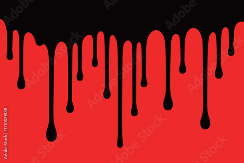 Minimal black and red abstract illustration featuring dripping ink. A vector design with flowing drops, ideal for backgrounds or graphic projects.