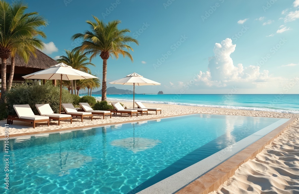 custom made wallpaper toronto digitalBeautiful infinity pool sits next to pristine white sand beach. Turquoise ocean water meets shore. Palm trees, white umbrellas provide shade. Sun loungers wait for guests to relax, enjoy tropical