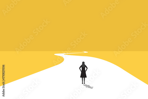 Business woman follow a path for business opportunities. visionary leadership different business routes. Symbol of ambition, motivation and long road ahead