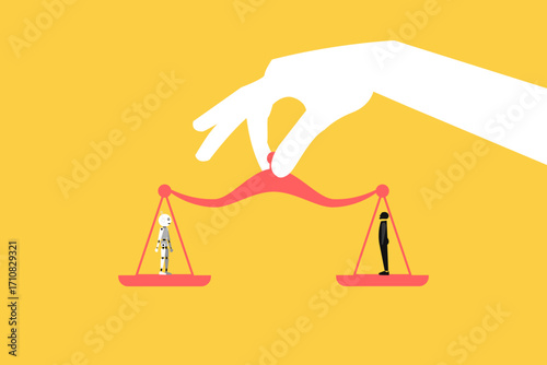 Balance scales man vs Ai bot. concept of Competition, Ai robot standing on the scale and equal to businessman