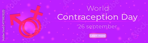 A horizontal banner about World Contraception Day with gender symbols for men and women. Suitable for websites, posts, print media, and more.