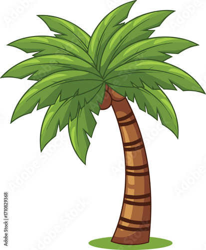 Cartoon palm tree illustration, curved trunk with green fronds vector for tropical design, summer vacation, beach nature, children’s art