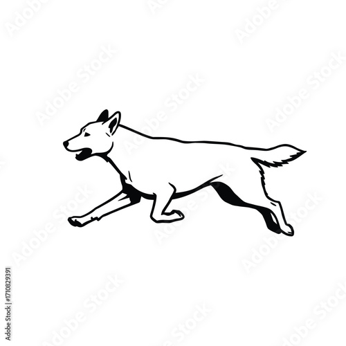 Running dog depiction in a stark black and white style silhouette