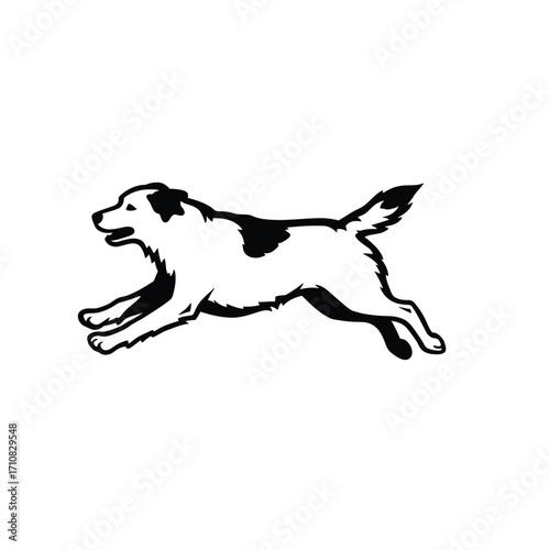 A dynamic running dog illustration in stark black and white silhouette