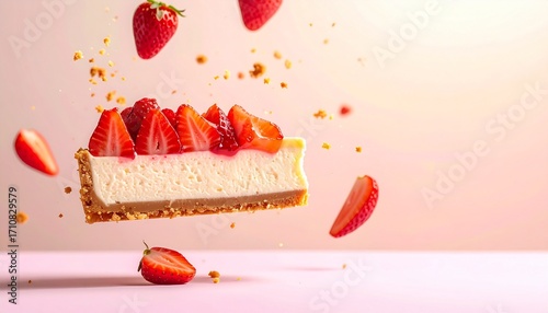 A delicious slice of strawberry cheesecake levitating with fresh berries and crumbs against a pink background.