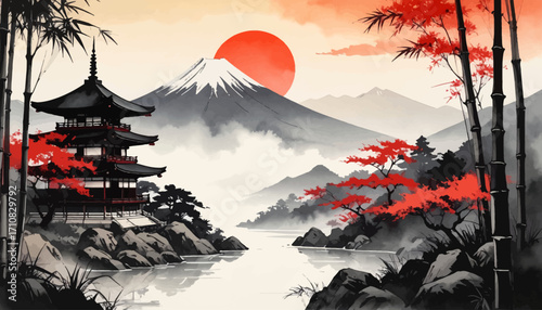Mt. Fuji with red sun and traditional art. Bamboo forest with autumn colors & Fuji. Scenic view of Mt. Fuji with Zen elements. Sunset behind traditional Japanese architecture. Mt. Fuji and pagoda