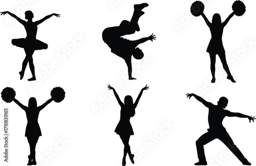 Dance and cheer silhouettes, ballet pose, breakdance move, pom-pom cheerleader, martial arts stance, black vector art, expressive motion, minimal design