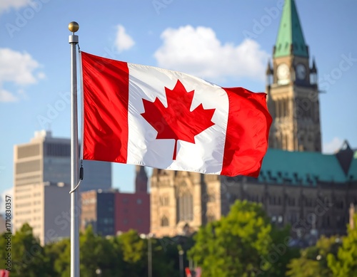 A vibrant Canadian flag waves proudly against a backdrop of city buildings and a prominent government building.