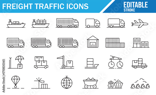 Outline icon collection of supply chain, transport, delivery, shipping, and freight distribution systems