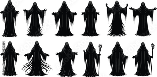 Dark sorcerer silhouettes, hooded wraith characters, fantasy concept art, black robe design, horror illustration, staff pose, mysterious figure, vector sheet