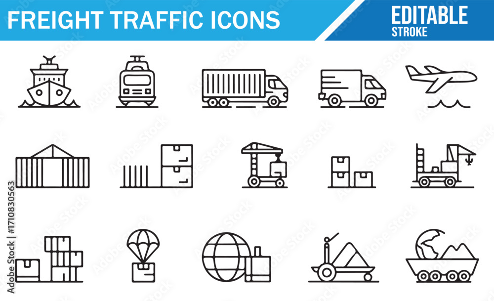 Fototapeta premium Editable line style icons set of freight transport, cargo ship, airplane, truck, and warehouse logistics