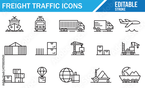 Editable line style icons set of freight transport, cargo ship, airplane, truck, and warehouse logistics