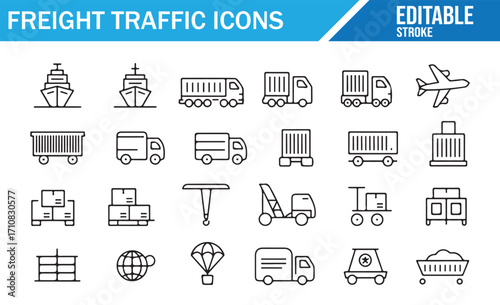 Editable line style freight traffic icons collection, cargo ship, airplane, trucks, containers, warehouse, delivery, logistics, transport, shipping, and distribution symbols for global trade and suppl