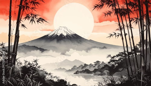 Red sun, Fuji with bamboo landscape. Mount Fuji with bright white sun backdrop. Minimalistic Japanese art with bamboo. Fuji landscape with serene mountain, sun. Japan sunrise scene with Fuji, bamboo