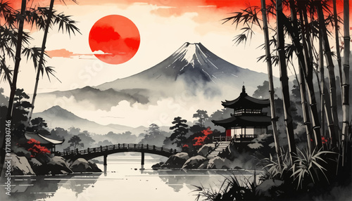 Japanese mountain view with red sun art. Stunning Japanese landscape. Mountain, bamboo, and red sun art design. Tranquil Japanese scene with sunset view. Japanese-inspired artwork with Mount Fuji