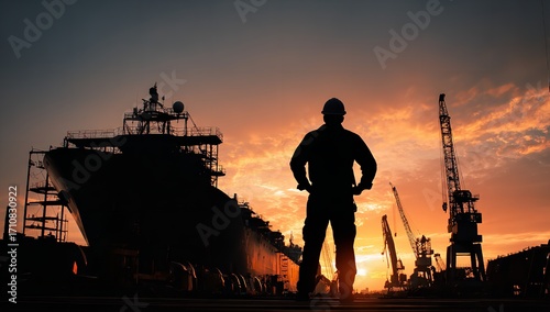 Silhouette of worker in protective gear standing with hands on hips in front of cargo ship under construction at sunset, cranes in background symbolizing shipbuilding industry