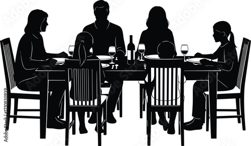 Family dining table silhouette, black vector of six people eating together for social gathering, meal time, restaurant, community design