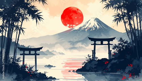 Mount Fuji with red moon, torii gates in Japan. Japanese landscape with fiery red moon over mountain. Traditional torii gates, Mount Fuji with red moon. Misty of Mount Fuji with red moon reflection