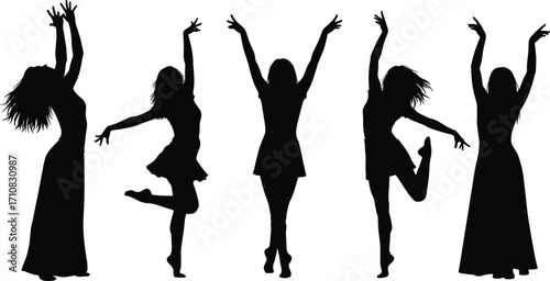 Female dancer silhouettes, expressive poses, elegant movement, black vector art, graceful posture, long dress, short skirt, minimal design, dance illustration