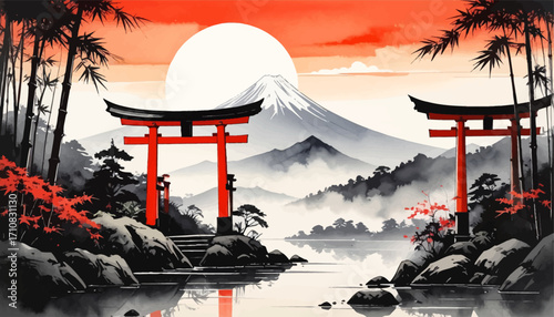 Torii gates and Mount Fuji under a fiery sky. Japanese serene landscape with red and white tones. Sunset behind Mount Fuji with torii gates silhouette. Traditional Japanese art with red sky and gates 