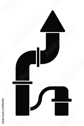Black silhouette of a complex plumbing system with an upward arrow