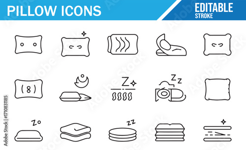 Flat editable stroke icons of cushions, pillows, mattress, and cozy bedroom design essentials