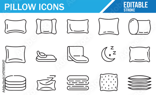 Minimal flat line art icons of pillows, cushions, bed comfort, and decorative bedding elements