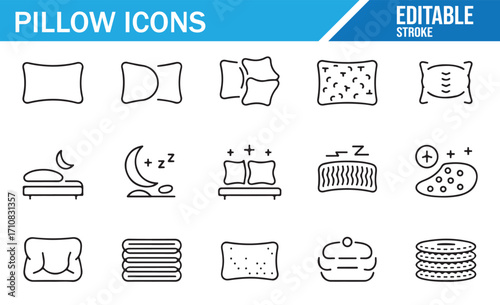Vector outline collection of bedroom pillows, cushions, sleep accessories, and bedding icons