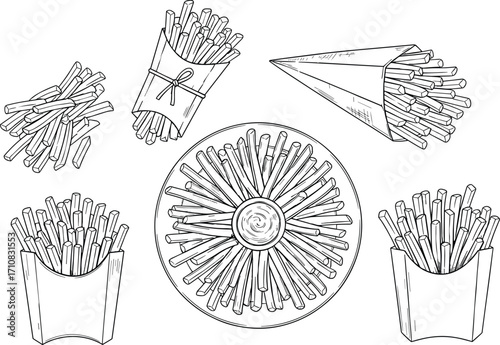 French fries illustration set, black and white vector of creative fast food presentation for snack, restaurant, culinary, packaging design