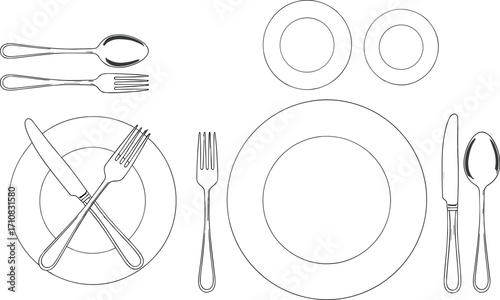 Formal table setting diagram, black and white line vector for dining etiquette, restaurant layout, culinary training, minimal food design