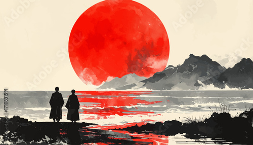 Ocean samurai red moon horizon. Japanese ink sunset coast scene. Warriors by sea red moon art. Zen night red sun reflection. Samurai dusk ocean landscape. Bold ink red moon warriors