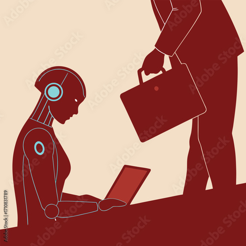 Robot assistant diligently works on laptop while human manager arrives with briefcase, symbolizing future workplace