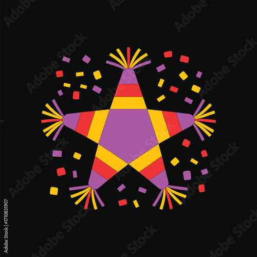 Colorful Star- Shaped Piñata with Confetti on Black Background festive party