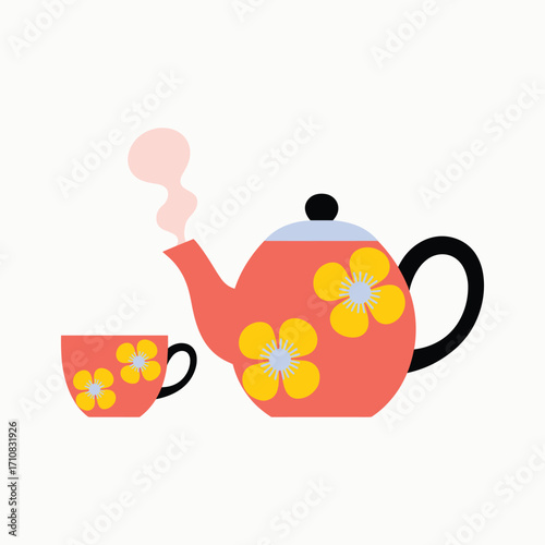 Coral teapot and cup with yellow flowers and steam on white background drink