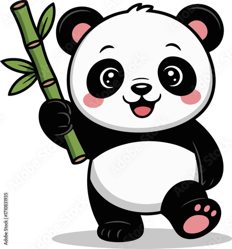 Vector art of a cute panda bear cartoon character holding a bamboo stalk, the panda has a happy expression and is walking, making it perfect for childrens illustrations and designs