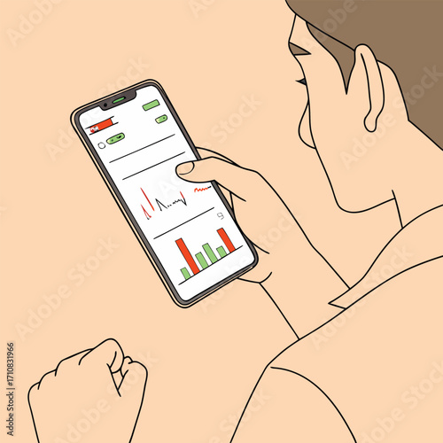 Focused individual analyzes stock market charts on smartphone, celebrating potential gains with clenched fist