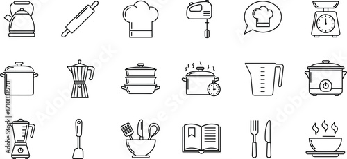 Kitchen tools icon set, black and white line vector for cooking, appliances, utensils, chef gear, minimal food graphic design