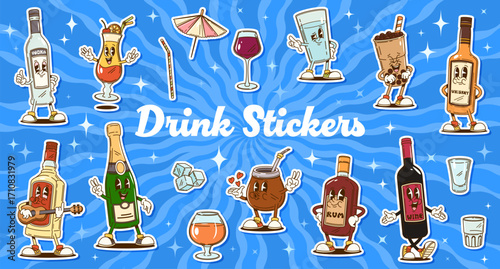 Groovy drinks and alcohol beverage characters stickers pack. Vector fun set of cartoon vodka, whiskey, wine, cocktails, champagne, rum, soda, liquor and mocktail, personages each with cute expressions