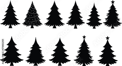 Collection of pine tree silhouettes, black evergreen icons, vector Christmas trees, isolated nature elements, graphic design set