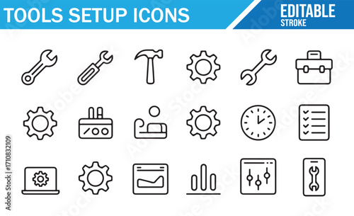 Modern vector illustration set of setup tools, repair equipment, gears, and engineering icons