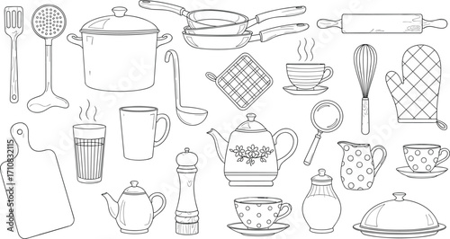 Kitchen utensils and cookware icon set, black and white line vector for cooking, food prep, culinary design, restaurant, minimal style
