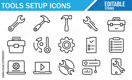 Editable stroke flat design icons of maintenance, gear, toolbox, screwdriver, and wrench