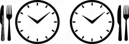 Meal time clock illustration, black and white vector of dining schedule with fork knife and analog clock for food timing design